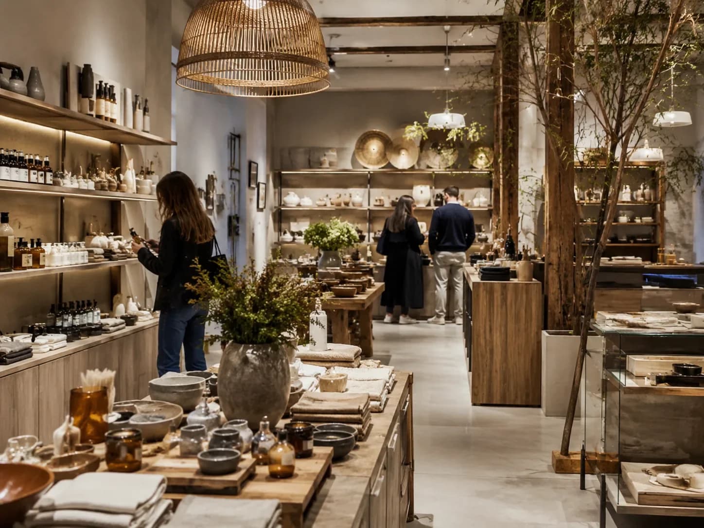 Boutique décoration et arts de la table avec poteries et plantes, visiteurs parcourant les étagères — visite virtuelle 360° HD Media
