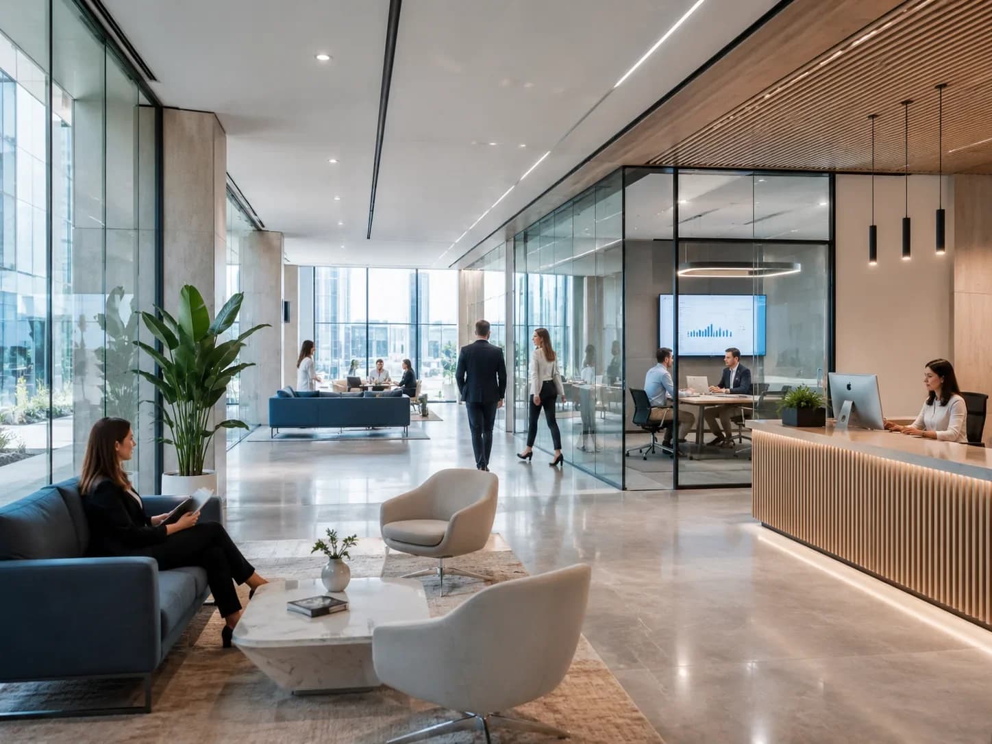 Hall d’entrée d’immeuble de bureaux moderne et lumineux avec accueil, salons et salle de réunion vitrée — HD Media