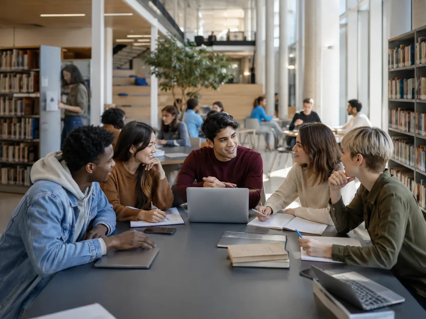 Cinq étudiants échangeant dans la bibliothèque universitaire autour d’un ordinateur portable et de notes — HD Media