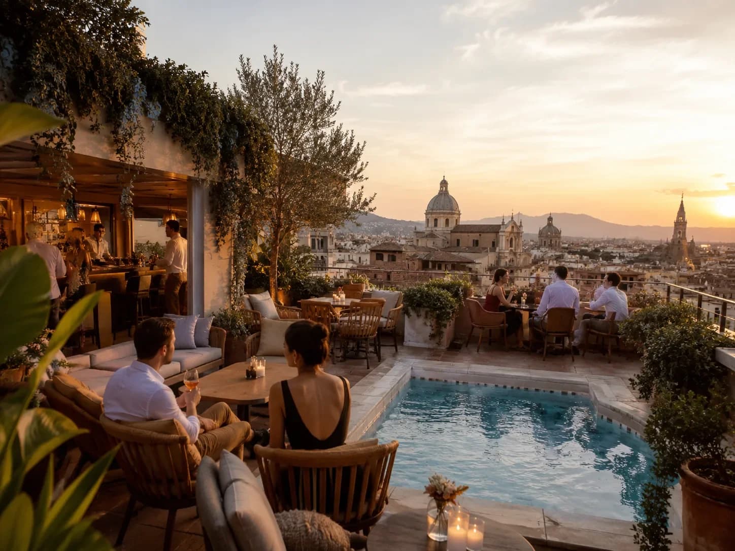 Terrasse-rooftop d’hôtel avec piscine, tables en rotin et vue panoramique sur les toits au coucher du soleil — HD Media