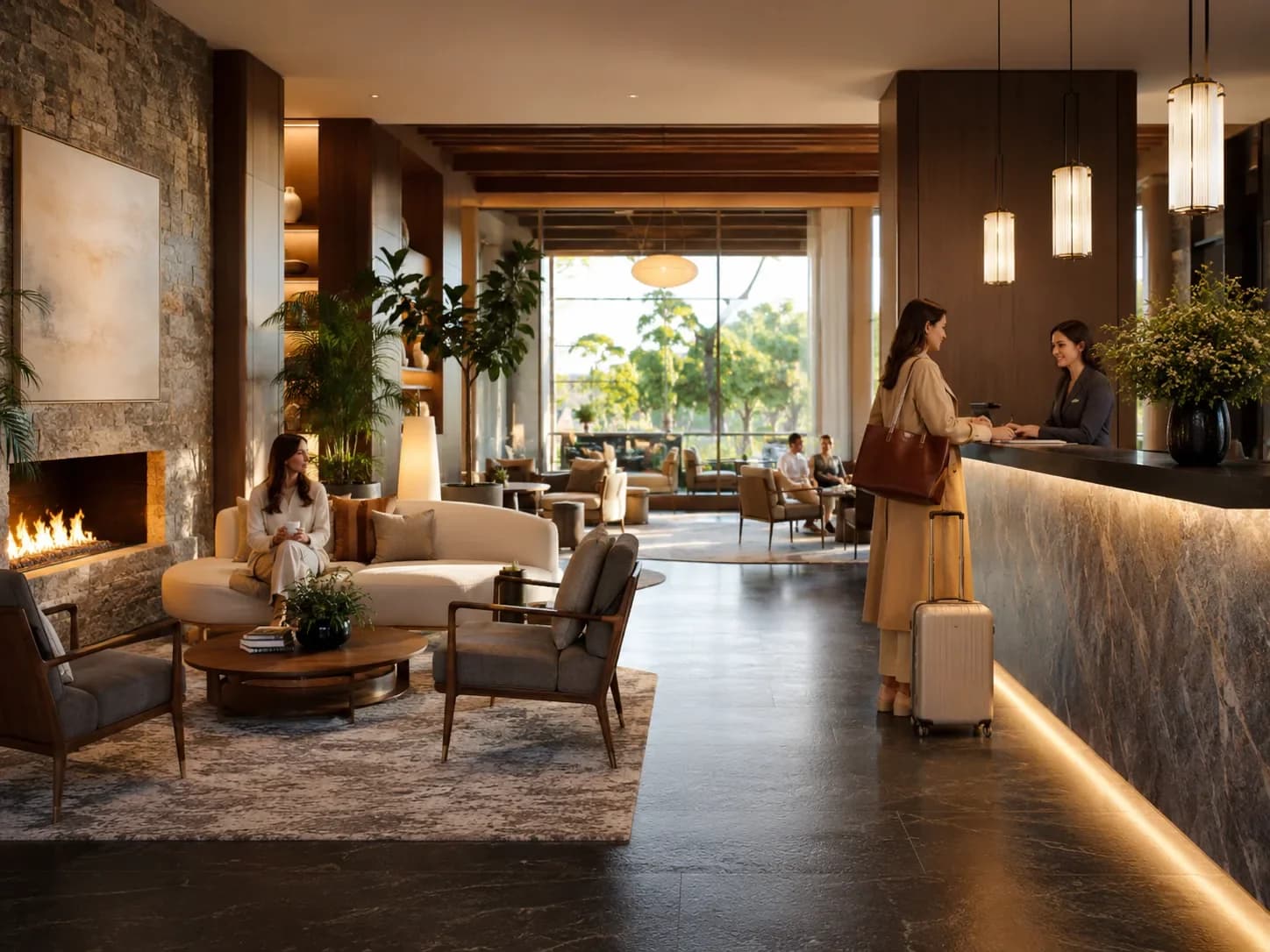 Lobby d’hôtel contemporain avec cheminée ouverte, canapés clairs et réception en marbre sombre — visite virtuelle 360° HD Media