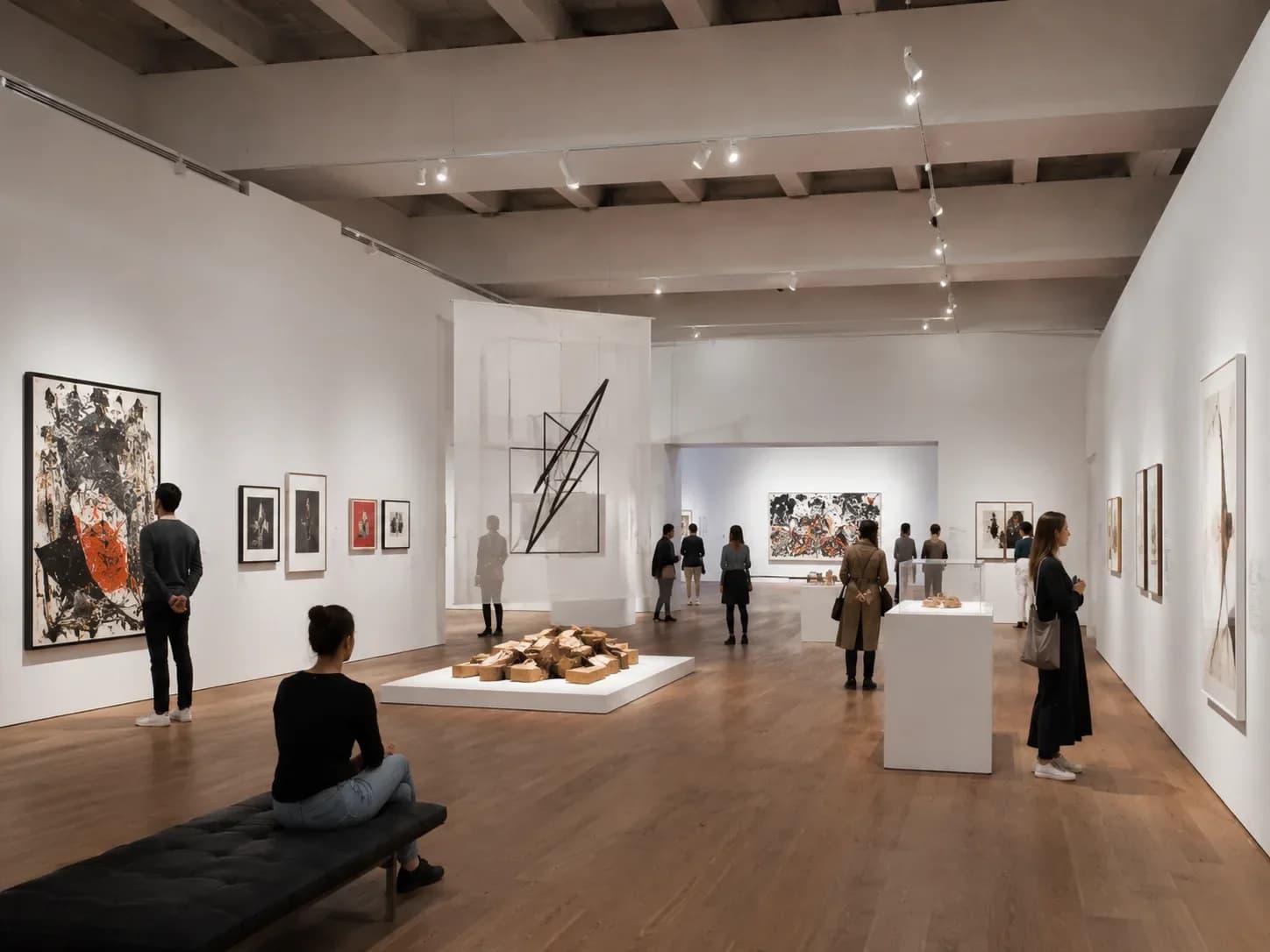 Salle d’exposition blanche avec œuvres variées, visiteurs assis et déambulant sous éclairage muséal — HD Media