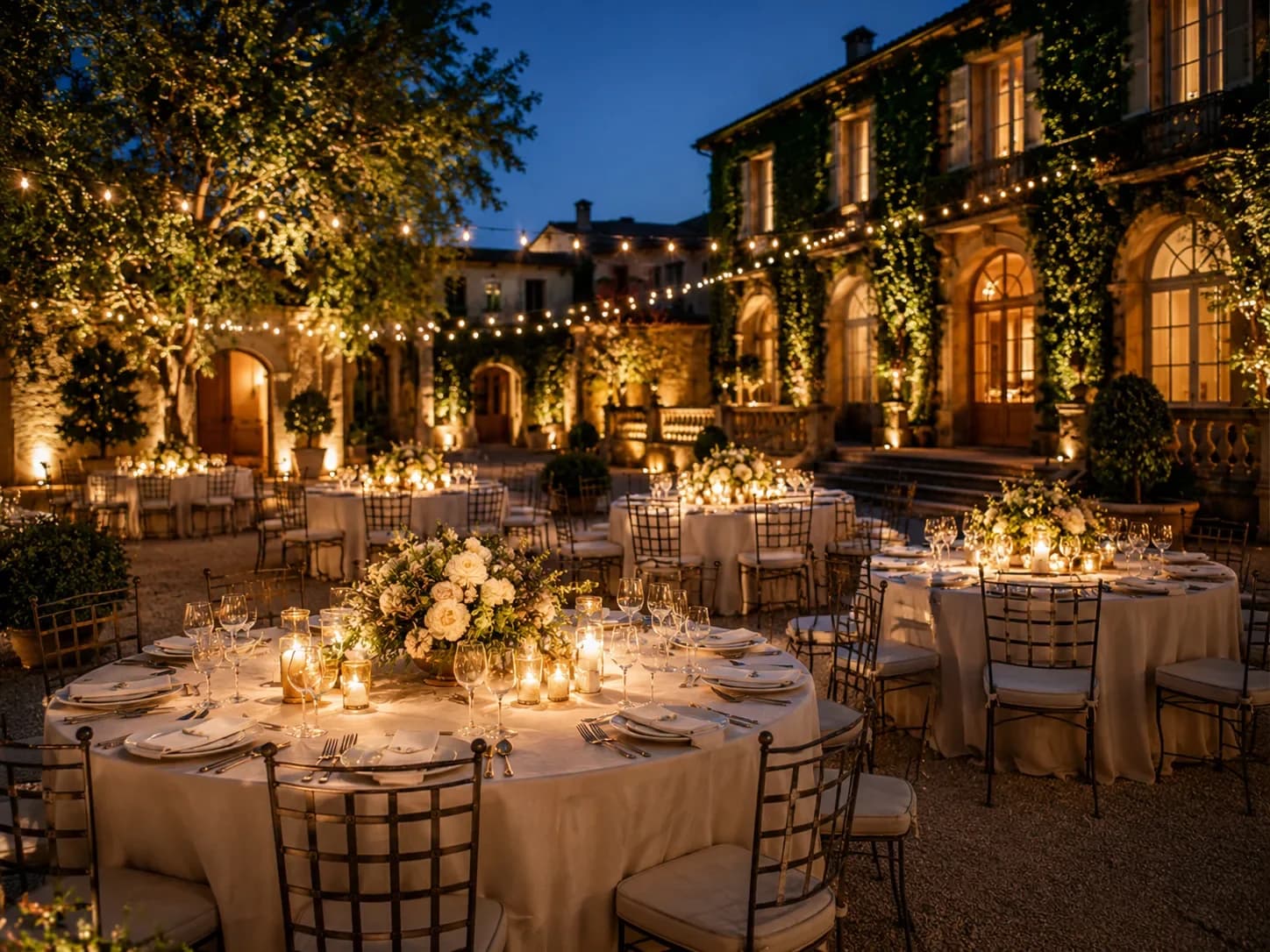 Dîner de gala en plein air dans la cour d’une demeure de prestige, guirlandes lumineuses et bougies — HD Media