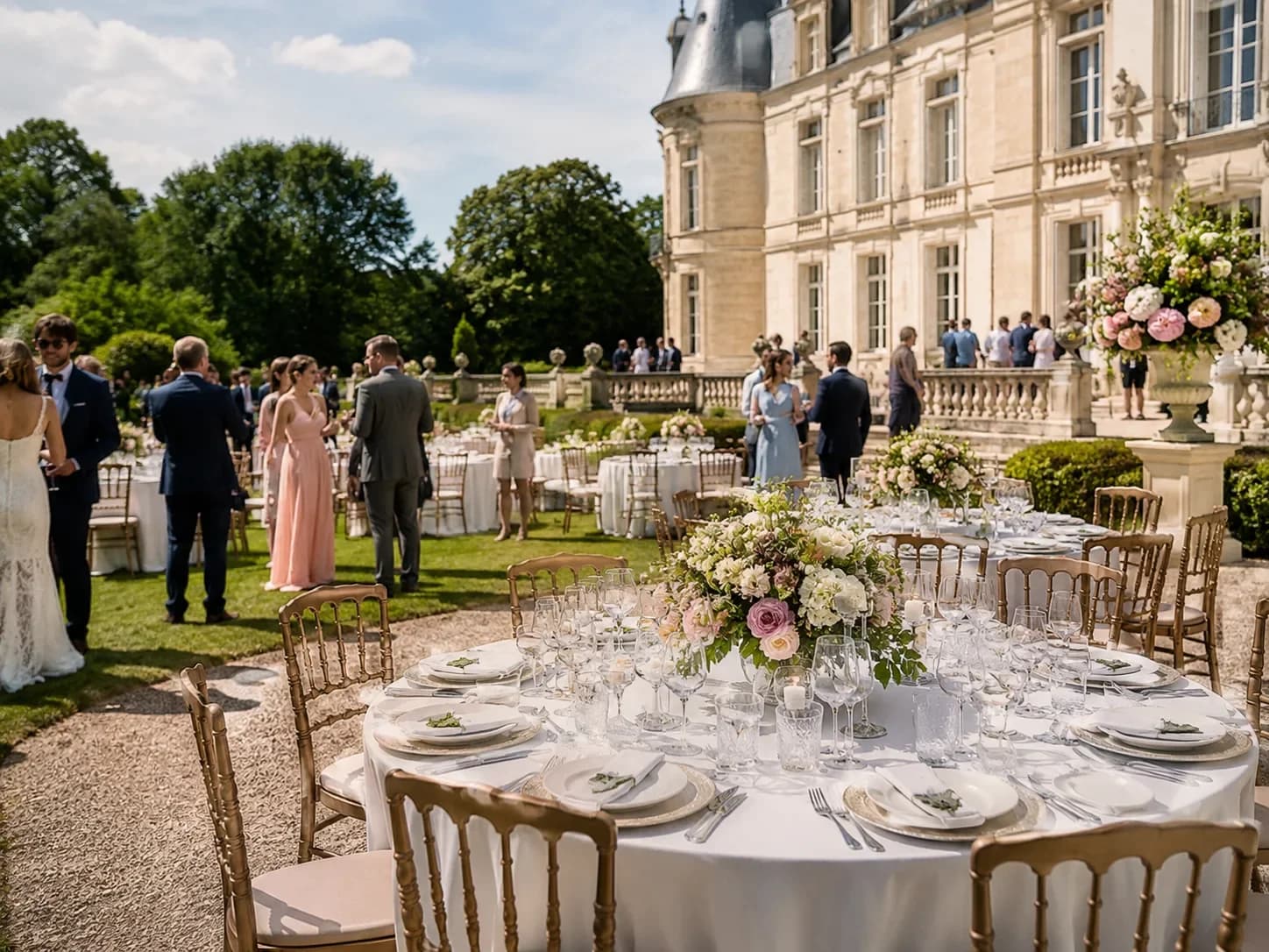 Réception de mariage en extérieur dans les jardins d’un château français, tables fleuries et invités élégants — visite 360° HD Media