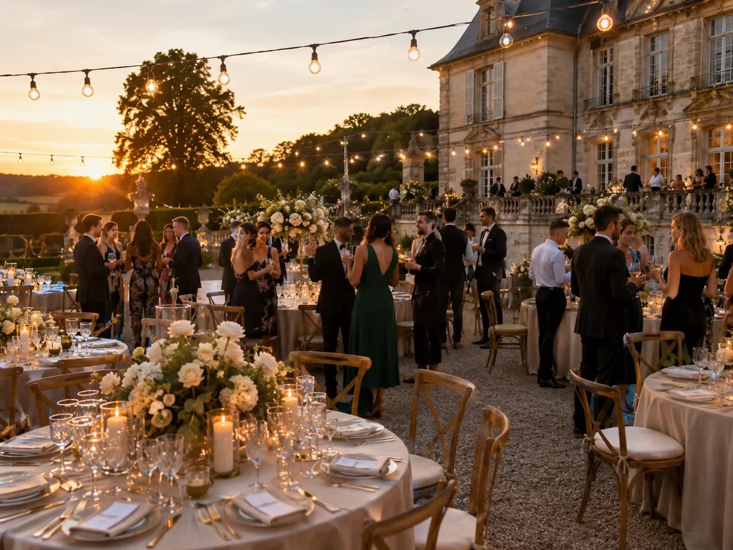 Soirée de réception au coucher du soleil dans le parc d’un château, invités debout entre tables fleuries — HD Media