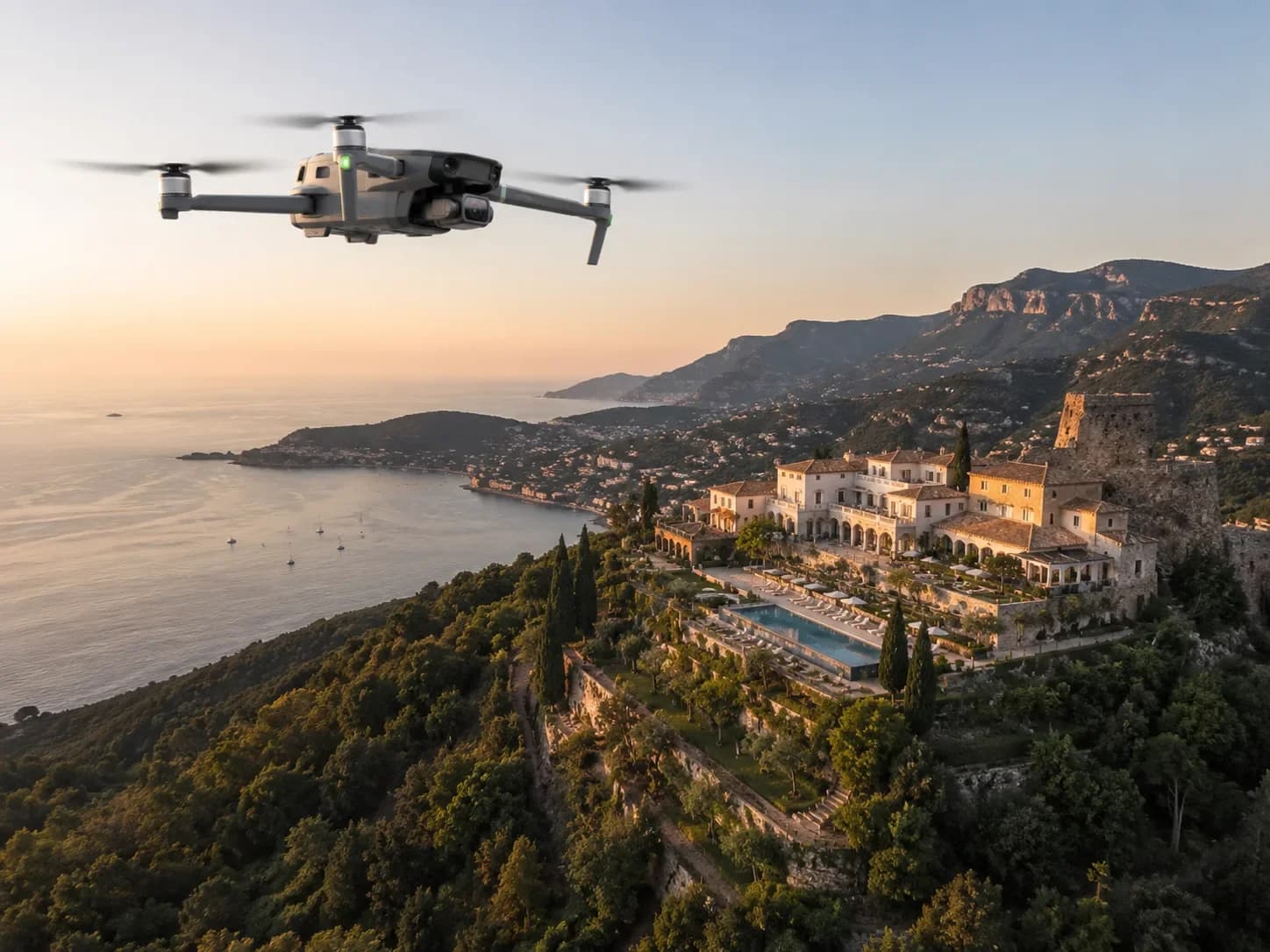 Drone filmant une villa avec piscine perchée sur une falaise dominant la mer au crépuscule