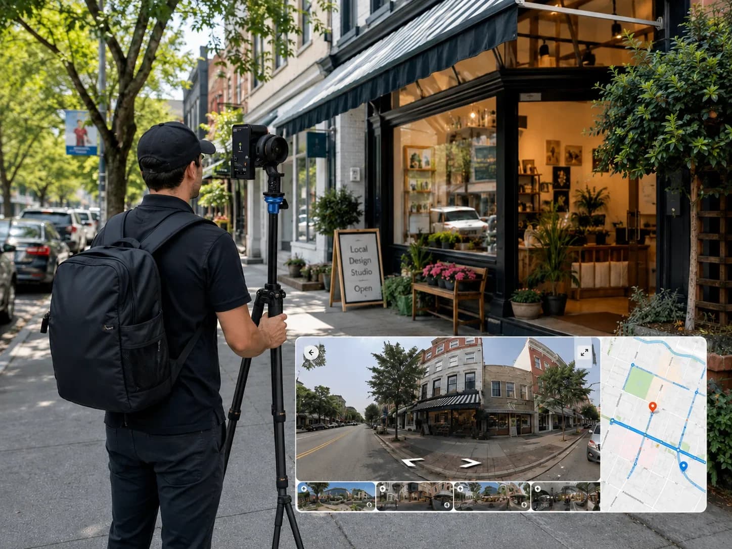 Opérateur portant un sac à dos filmant une rue commerçante avec caméra 360° sur trépied, aperçu Street View en incrustation