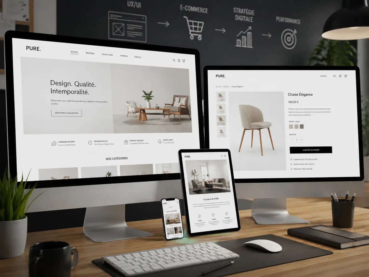 Écran, tablette et smartphone affichant un site e-commerce de mobilier design minimaliste en responsive