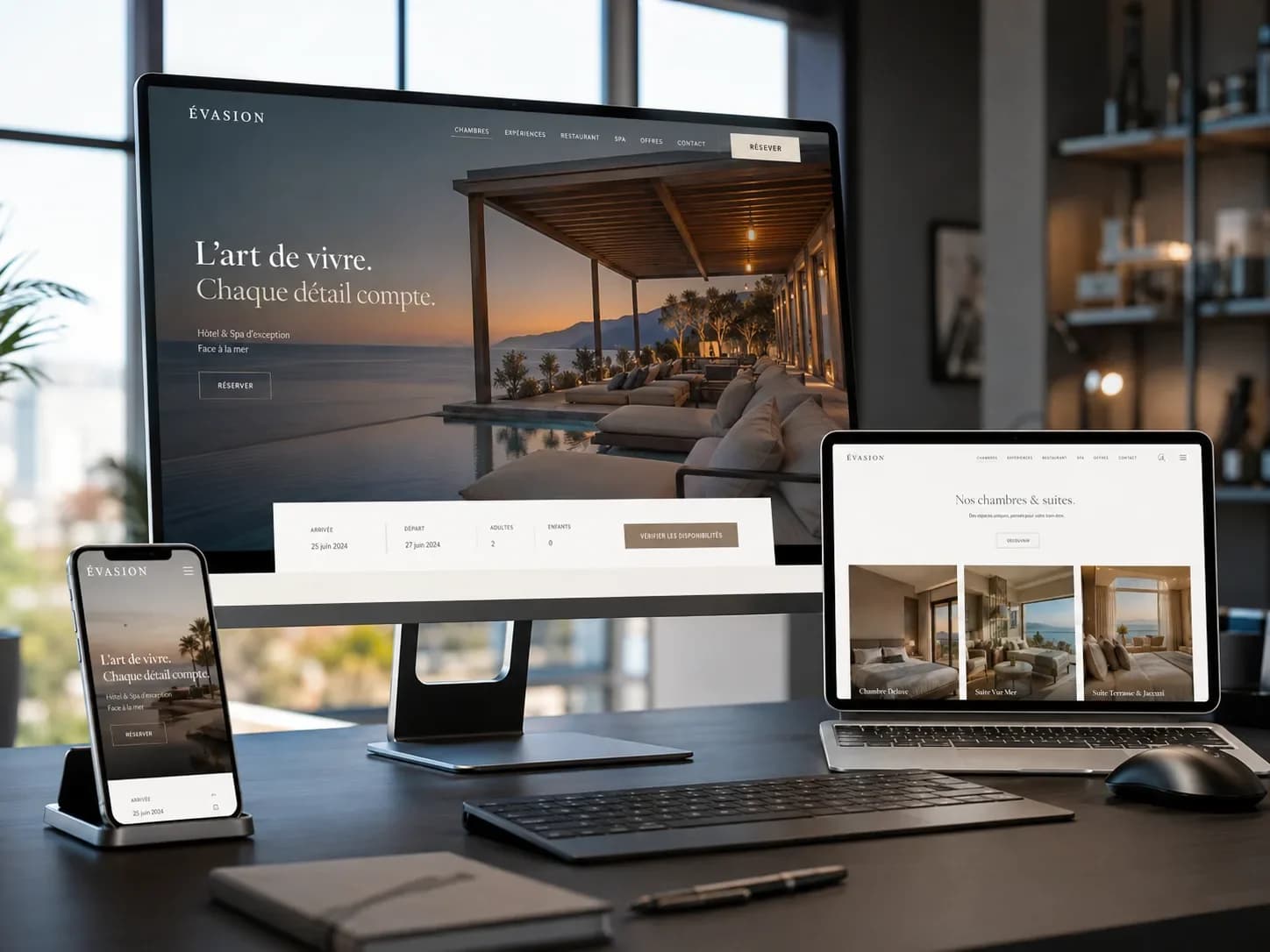 Écran, laptop et smartphone présentant le site vitrine d’un hôtel haut de gamme avec accroche « L’art de vivre »