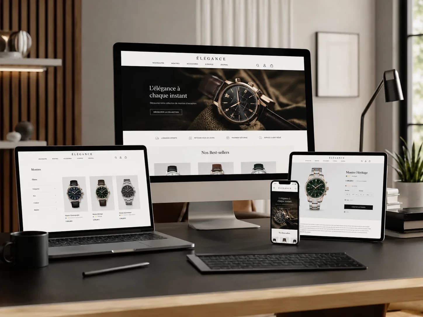 Écran, laptop, tablette et smartphone montrant un site e-commerce de montres de luxe en responsive