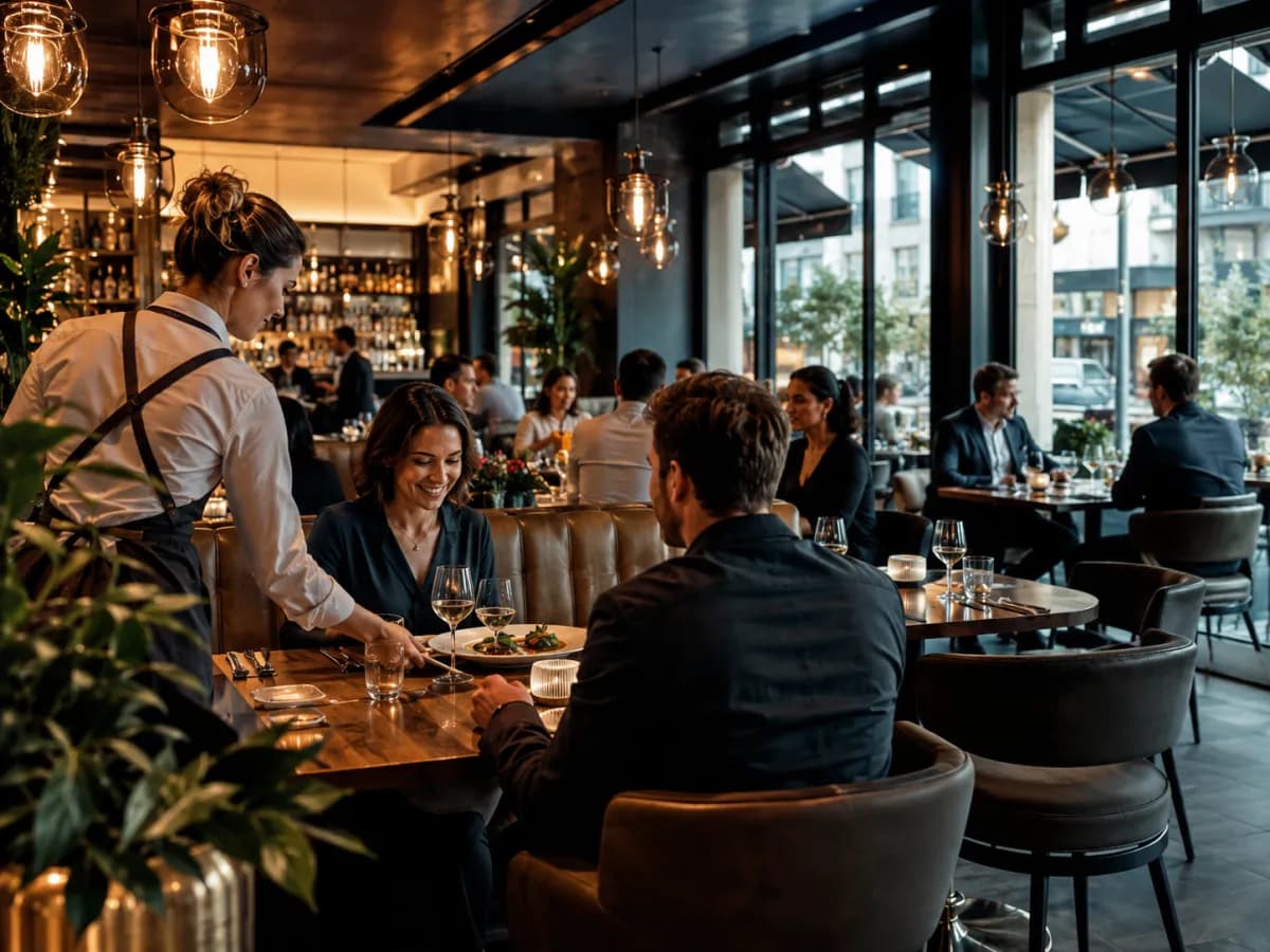 Elegante restaurantzaal met tafelbediening en zittende gasten, in beeld gebracht door HD Media