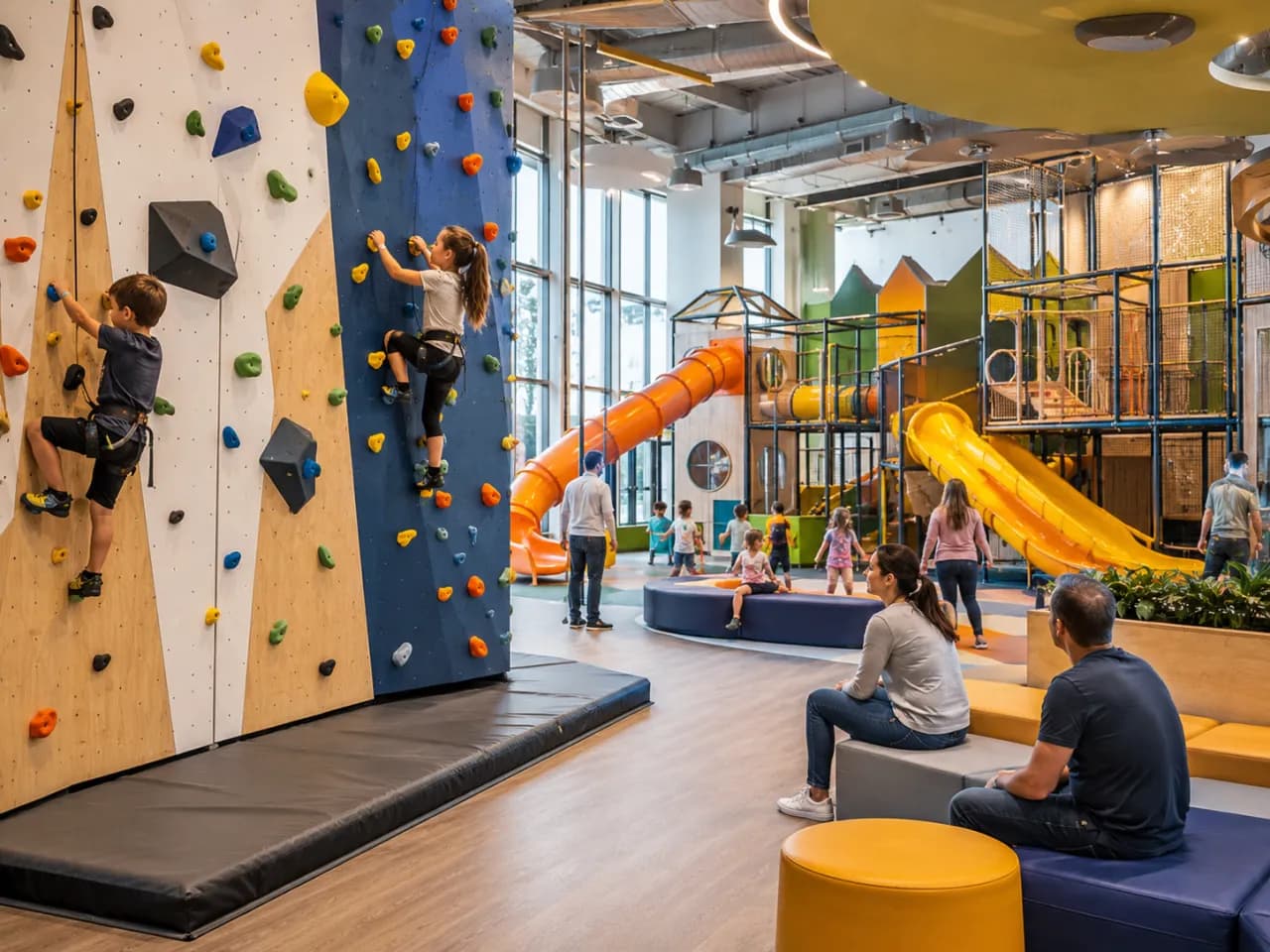 Enfants sur un mur d’escalade et structure de jeux dans un espace loisirs indoor