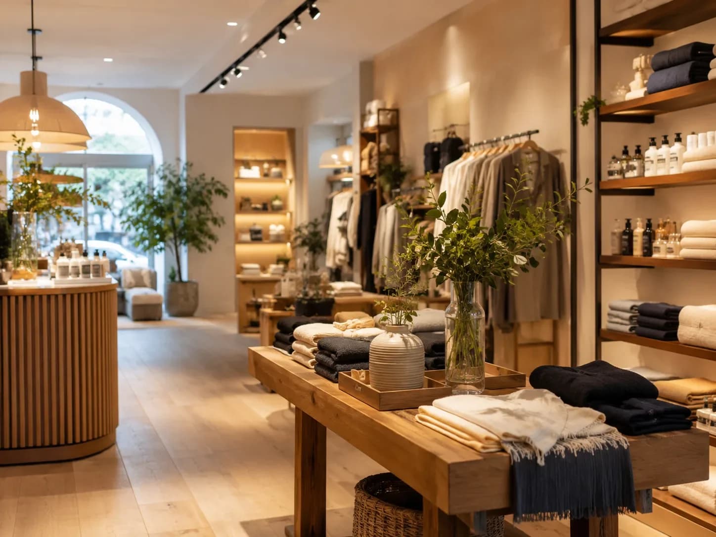 Intérieur lumineux d’une boutique lifestyle avec vêtements et accessoires soigneusement mis en scène — visite virtuelle HD Media