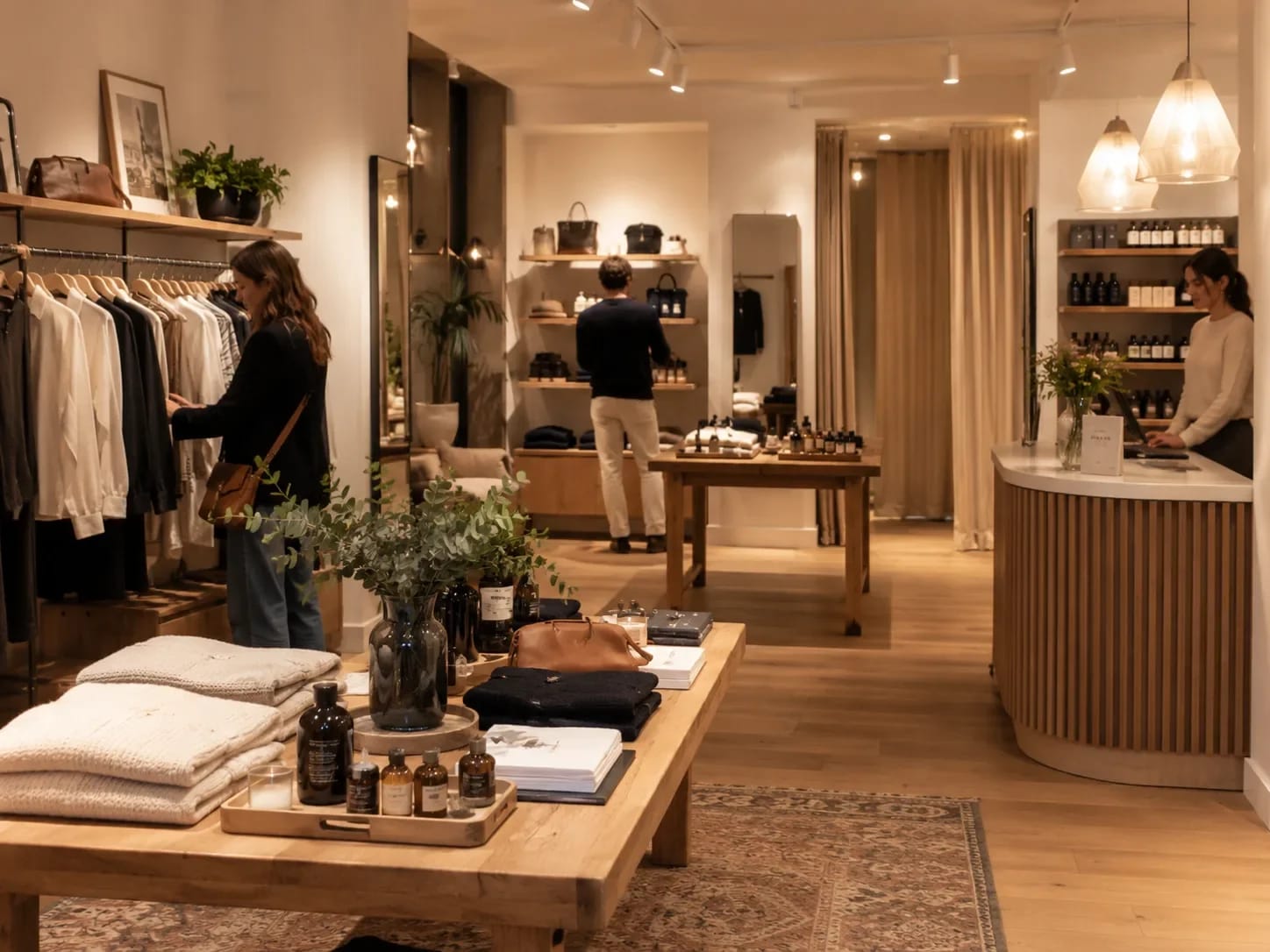 Clients en train de faire leurs achats dans une boutique chaleureuse aux rayonnages bois et comptoir arrondi — HD Media