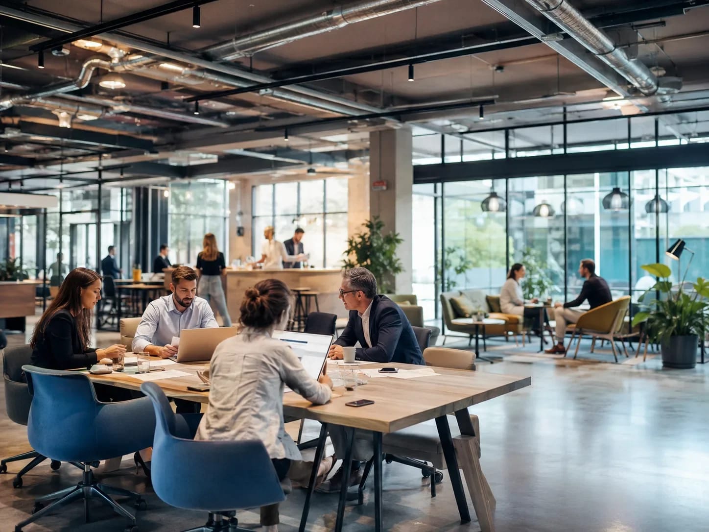 Grande salle de travail industrielle avec tables communes, équipes en réunion et espaces café en fond — visite 360° HD Media
