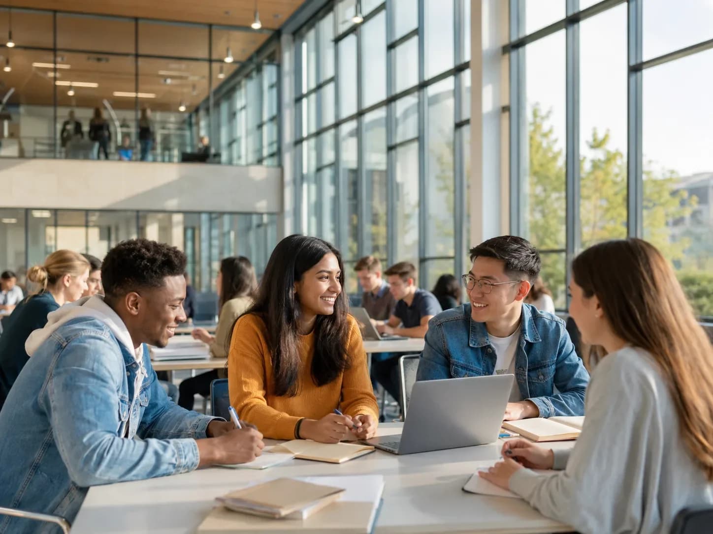 Groupe d’étudiants souriants travaillant ensemble autour d’un ordinateur dans une cafétéria universitaire lumineuse — HD Media
