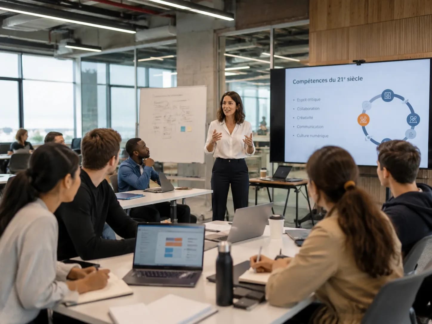 Formatrice présentant un cours sur les compétences du 21e siècle devant un écran interactif à des étudiants — visite virtuelle HD Media
