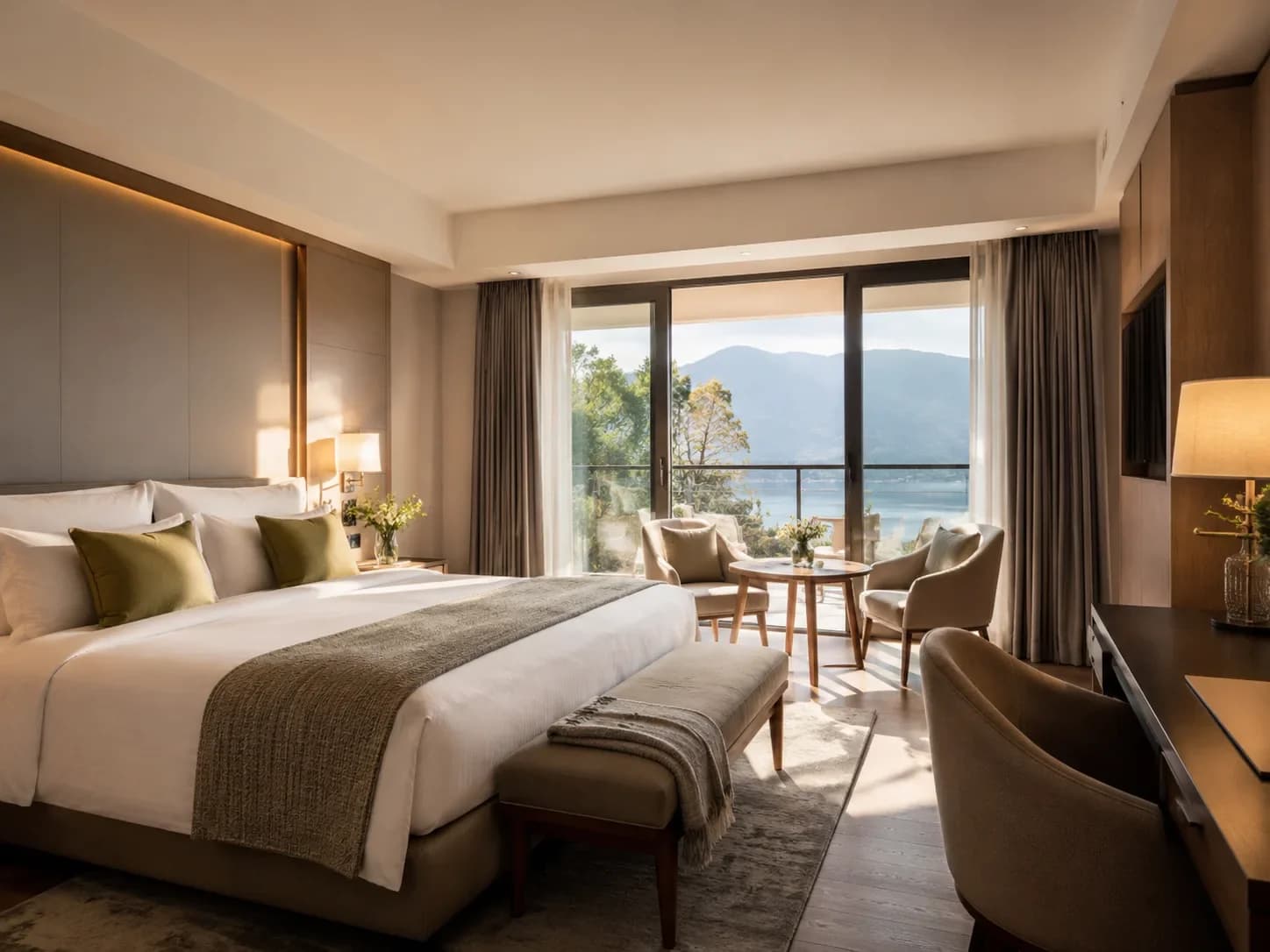 Chambre d’hôtel haut de gamme avec grand lit et vue panoramique sur lac et montagnes — visite virtuelle HD Media