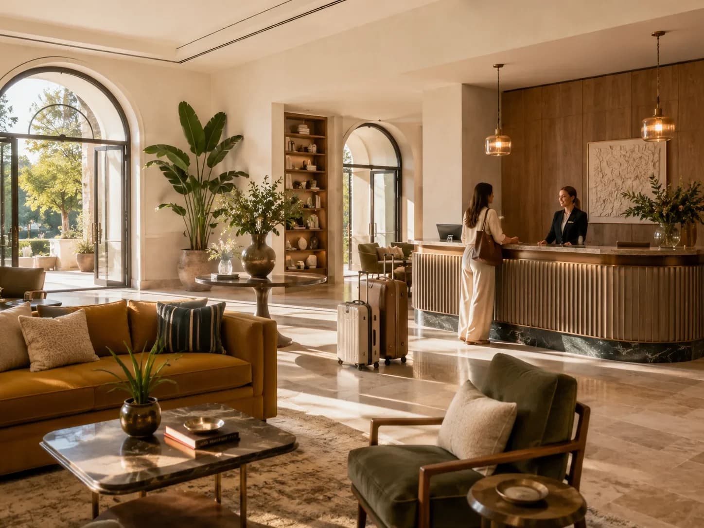 Hall d’hôtel de luxe en lumière chaude avec canapés dorés, réception en bois et arches en pierre — HD Media