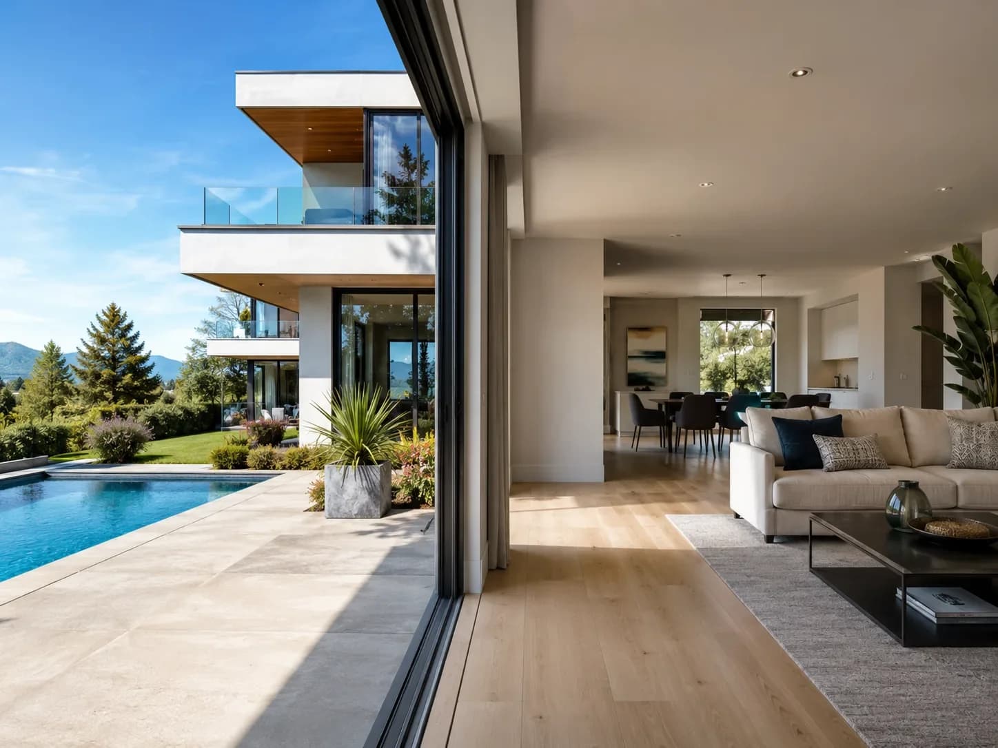 Villa contemporaine avec salon ouvert sur piscine et jardin, baies vitrées donnant sur montagnes boisées — visite virtuelle immobilière HD Media