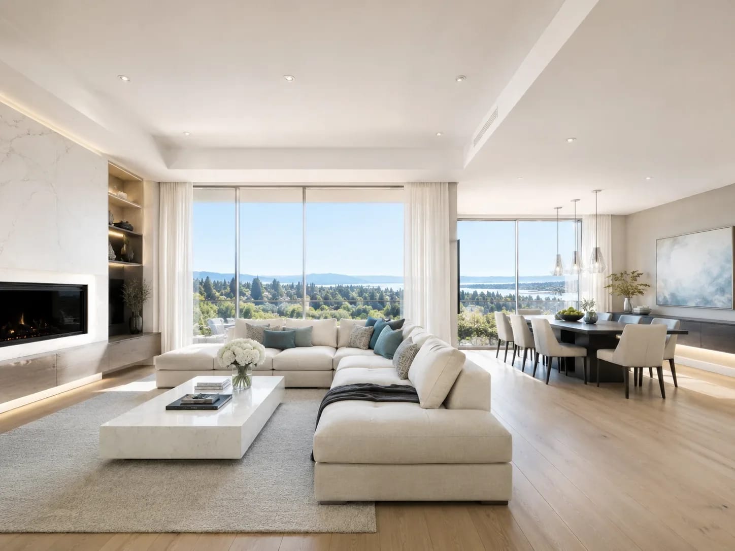Salon spacieux et lumineux avec mobilier blanc, cheminée et panorama sur baie depuis de grandes fenêtres — HD Media