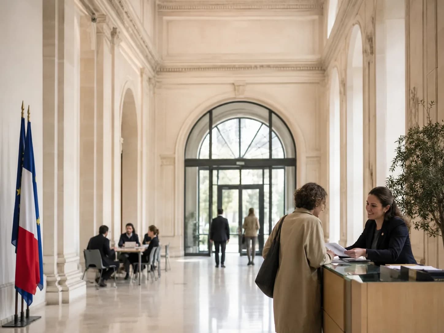 Hall d’accueil d’un bâtiment institutionnel classique avec drapeaux français, colonnes et agent au comptoir — visite virtuelle HD Media