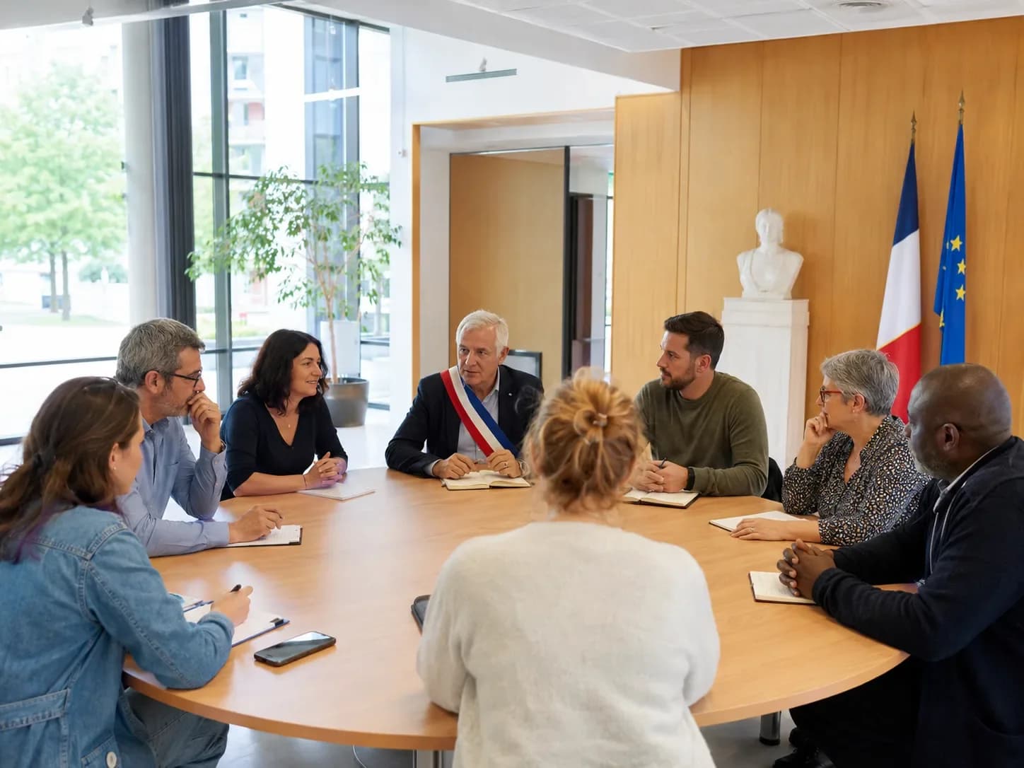 Réunion d’élus autour d’une table ronde avec drapeau français et buste, écharpe tricolore visible — visite 360° HD Media