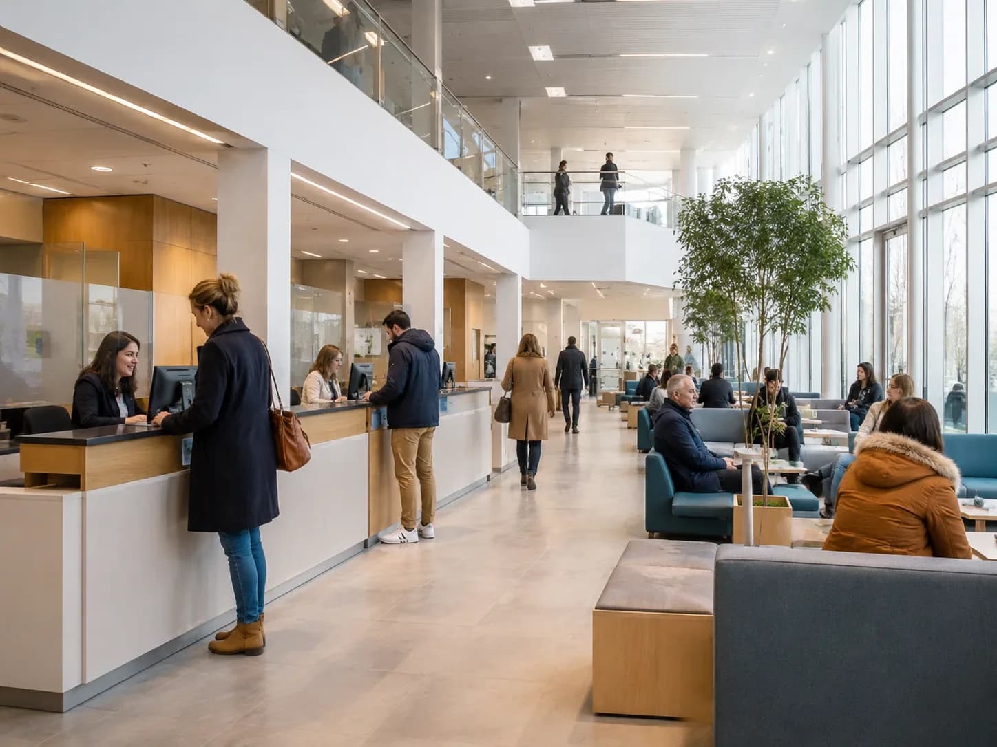 Hall d’accueil d’un établissement public moderne et lumineux à double hauteur avec file de guichets — HD Media