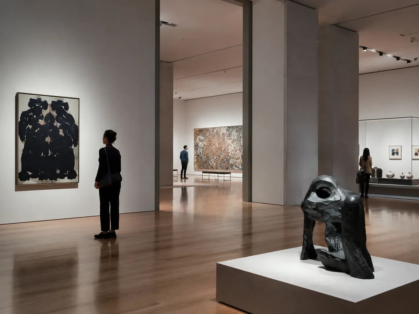 Galerie d’art contemporain épurée avec visiteur contemplant une grande peinture et sculpture en bronze — visite virtuelle HD Media