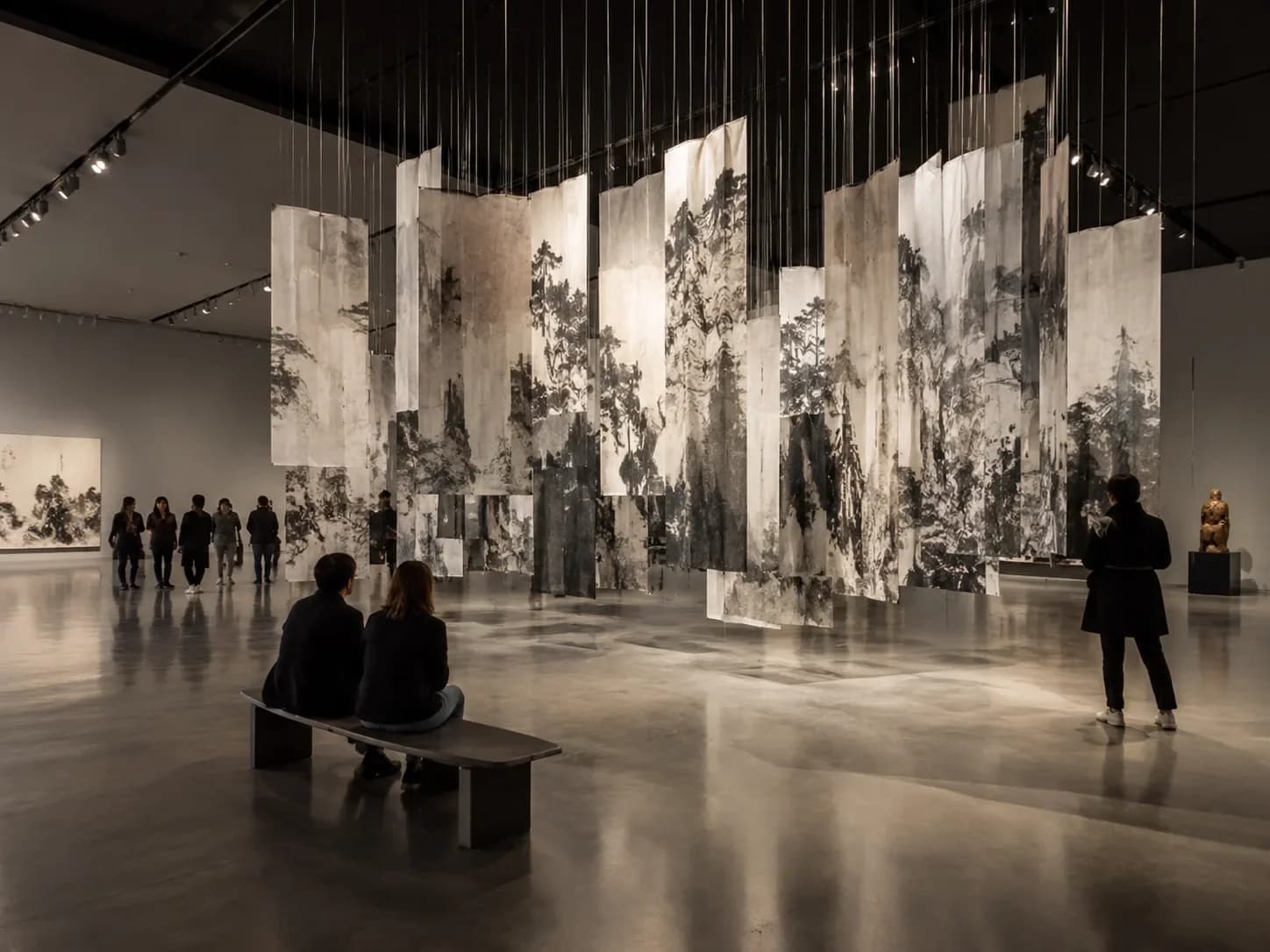 Grande installation de peintures encre suspendues dans un espace muséal sombre, public en contemplation — visite 360° HD Media