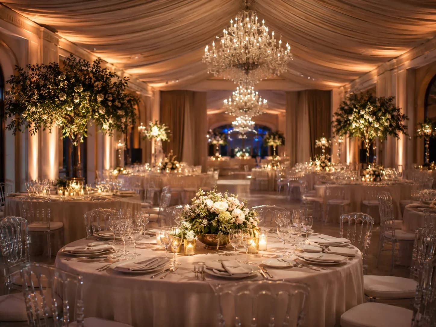 Salle de réception de mariage décorée de lustres en cristal, drapés dorés et compositions florales blanches — visite virtuelle HD Media