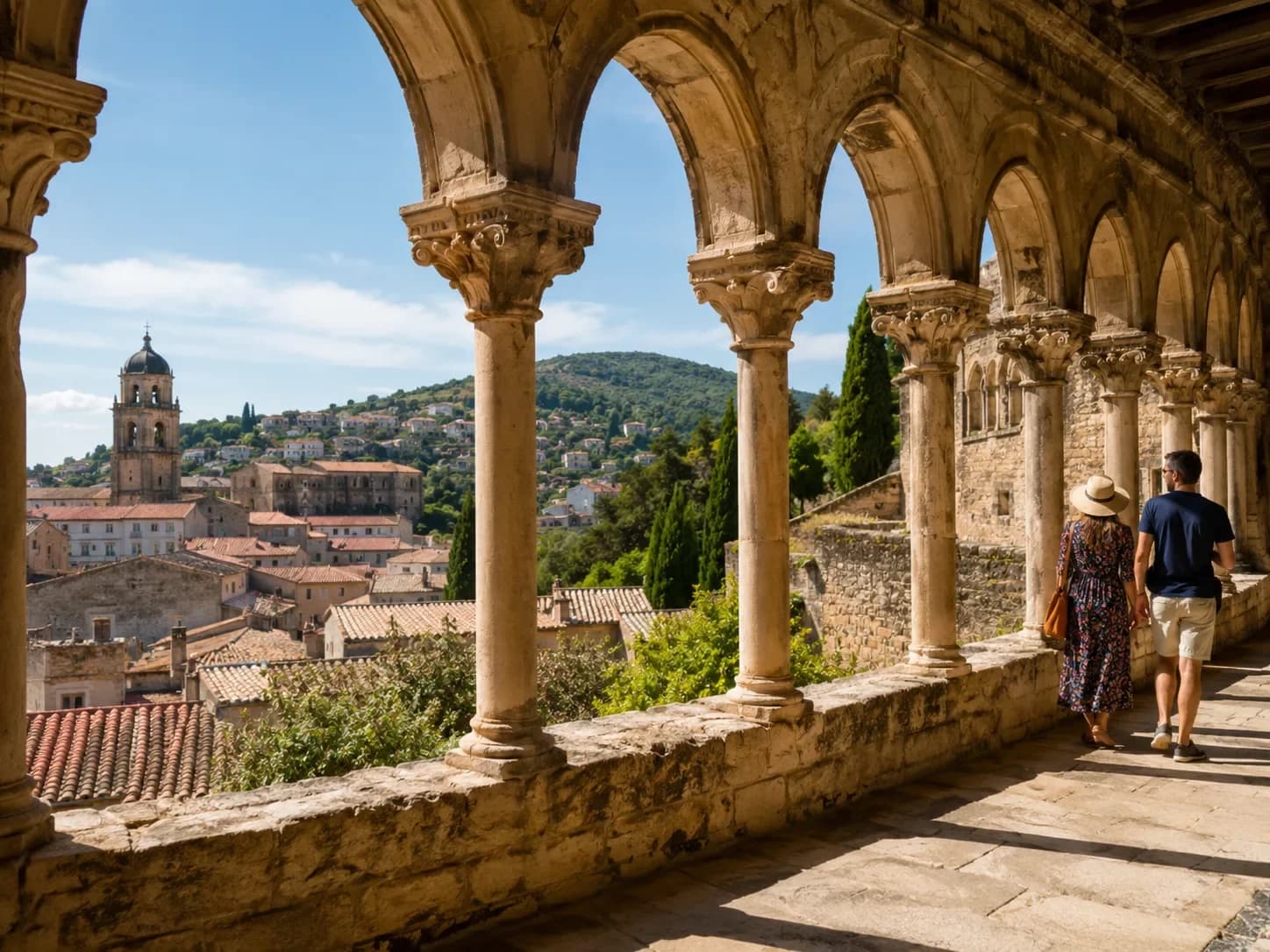 Couple de touristes se promenant sous les arcades romanes d’un cloître médiéval avec vue sur village provençal — visite virtuelle HD Media