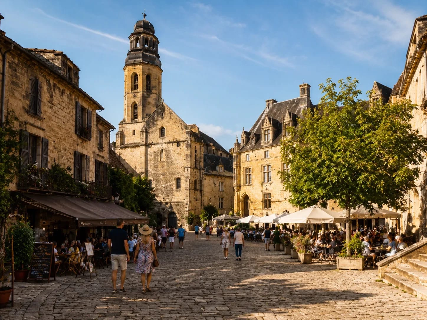 Place centrale d’un village médiéval ensoleillé avec église, terrasses de café et pavés dorés — HD Media