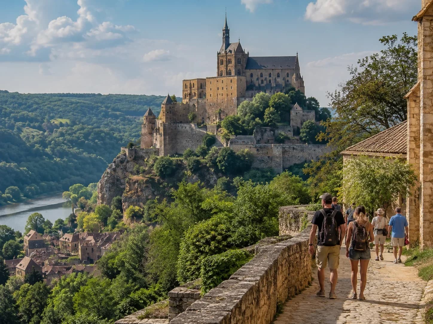 Randonneurs sur un chemin de village surplombant un château fortifié perché avec rivière en contrebas — visite 360° HD Media