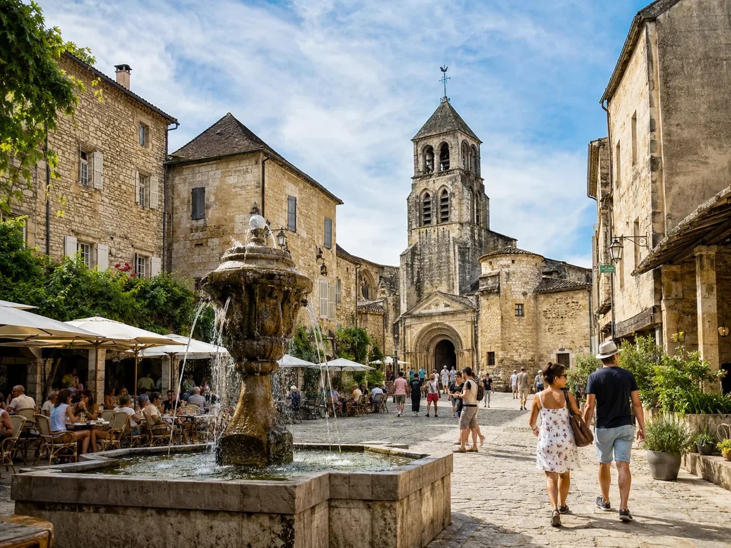 Place animée d’un village de caractère avec fontaine en pierre, église romane et terrasses estivales — HD Media