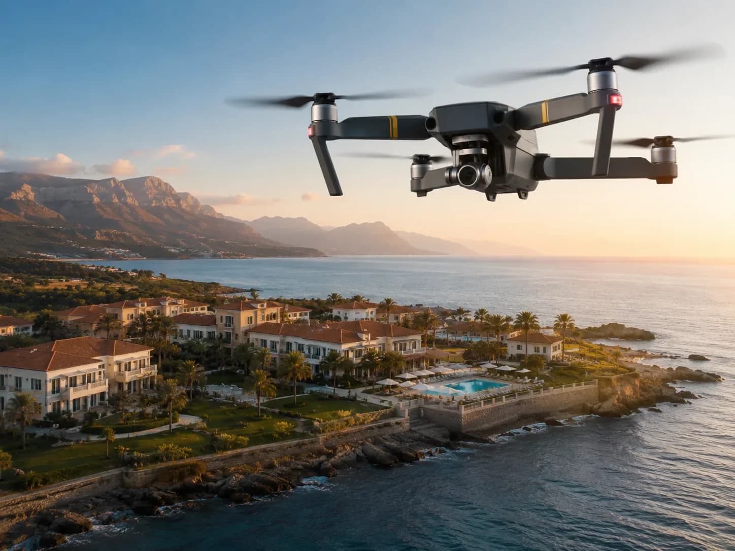 Drone en vol au-dessus d’un hôtel de luxe en bord de mer méditerranéen au coucher du soleil