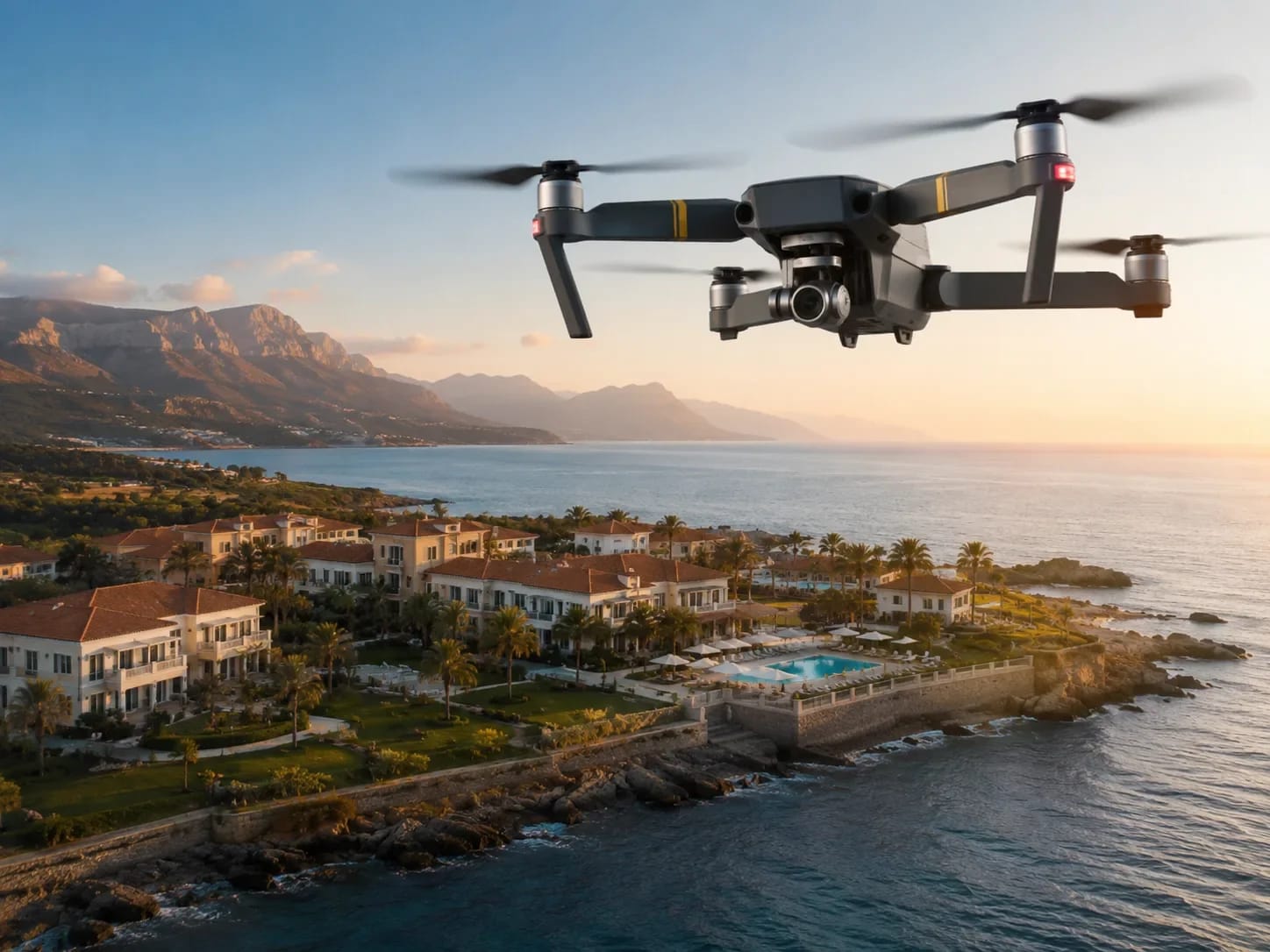 Drone en vol au-dessus d’un hôtel de luxe en bord de mer méditerranéen au coucher du soleil