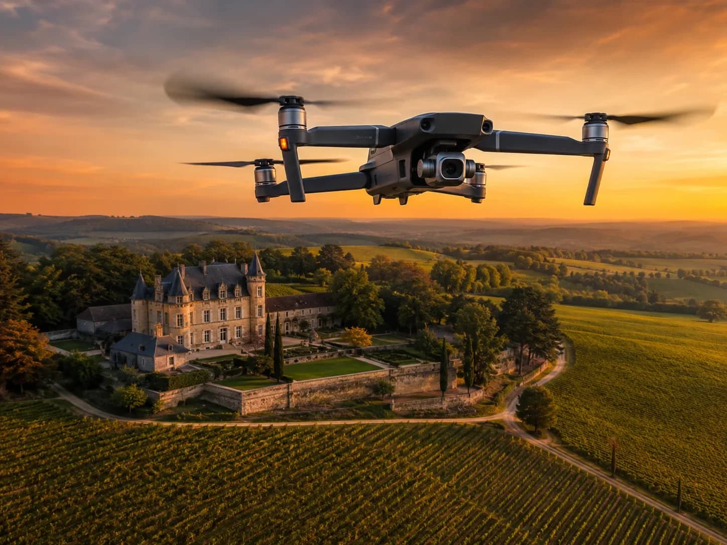 Drone survolant un château viticole entouré de vignes à la lumière dorée du soir