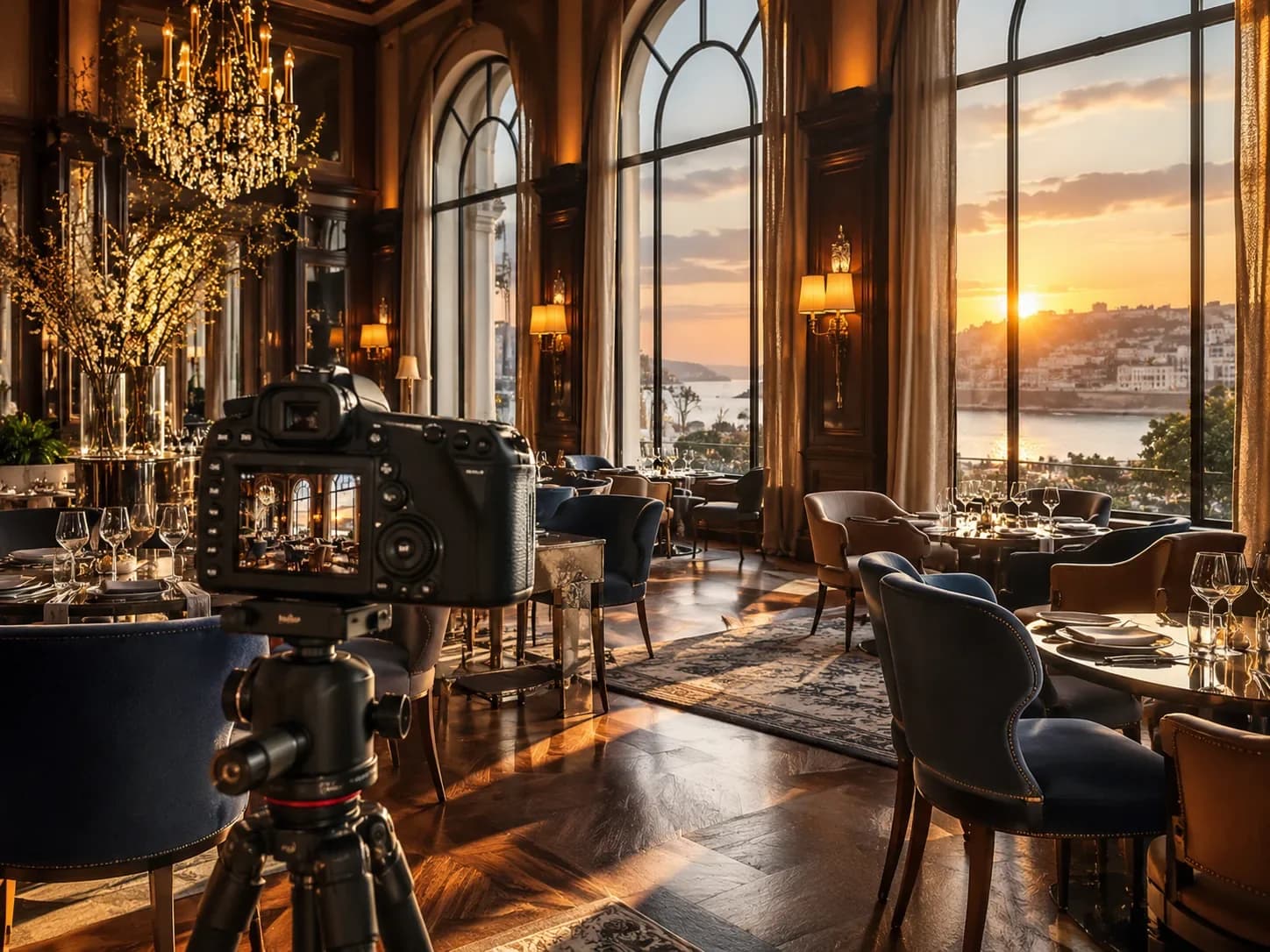 Appareil photo sur trépied dans la salle d’un restaurant palace aux lustres dorés et vue sur le coucher de soleil