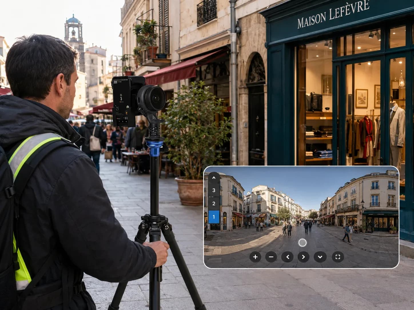 Technicien en gilet jaune avec caméra 360° sur trépied devant une boutique, vue panoramique de rue en incrustation