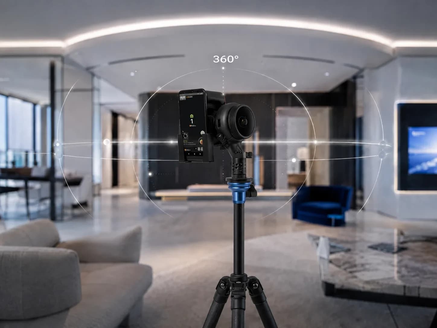 Caméra 360° sur trépied au centre d’un salon contemporain avec graphisme de sphère de capture superposé