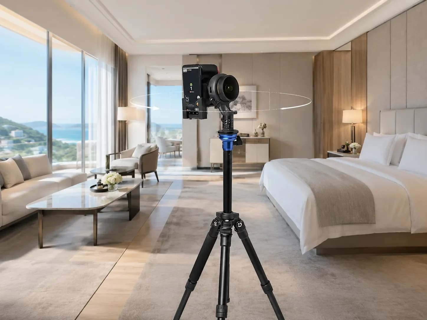 Tête de caméra 360° sur trépied dans la chambre d’un hôtel de luxe avec vue mer ensoleillée