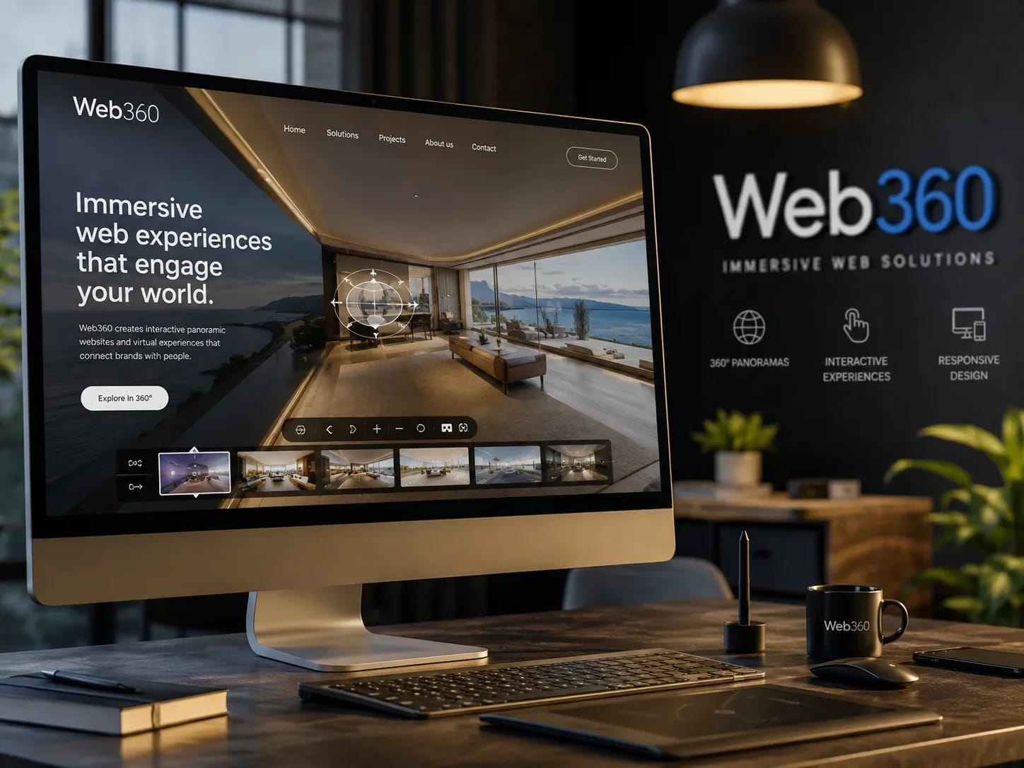 Écran d’ordinateur de bureau affichant une interface de visite virtuelle panoramique immersive sur fond sombre