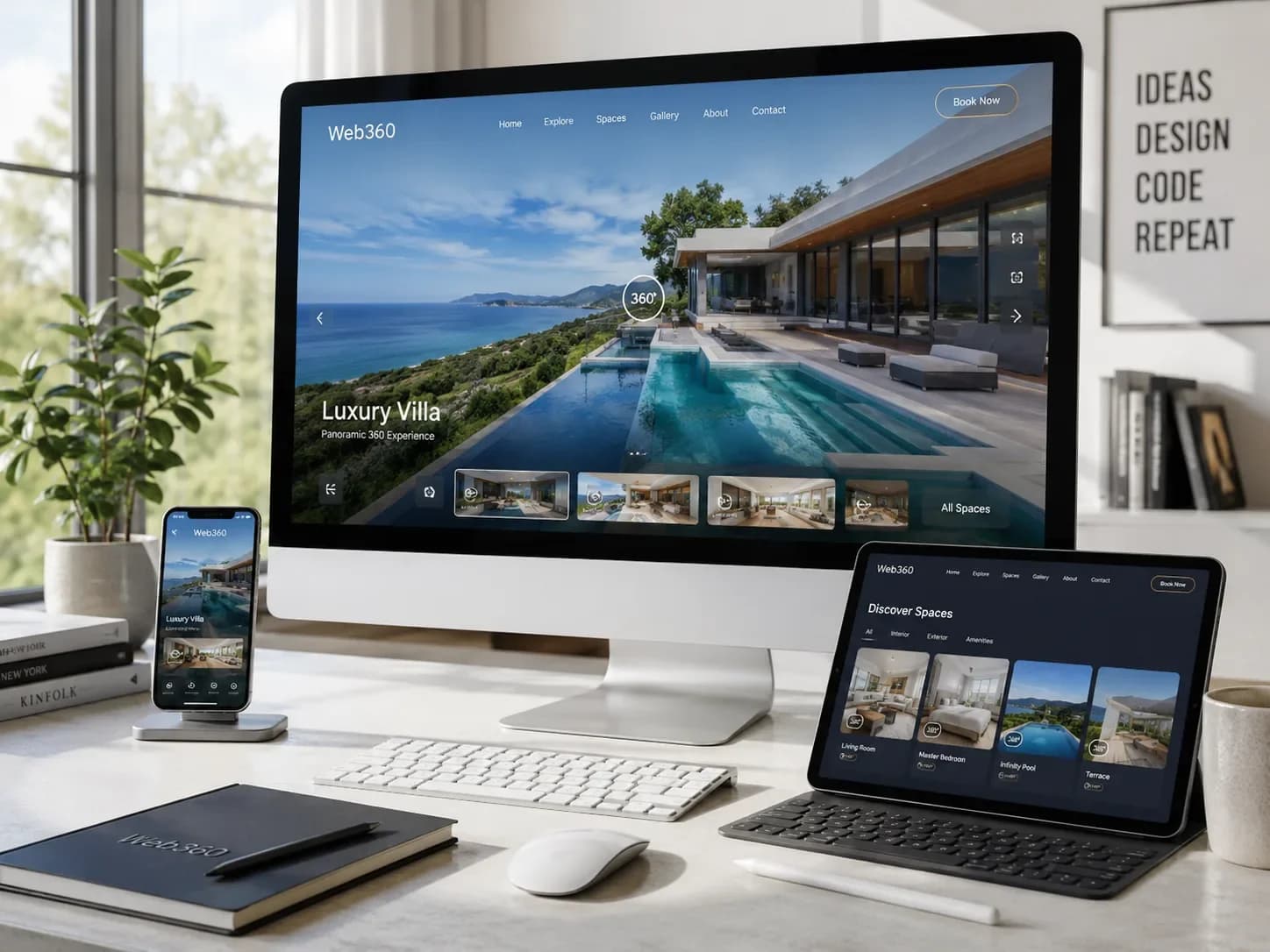 Écran, tablette et smartphone affichant en responsive une expérience de visite virtuelle 360° pour une villa de luxe