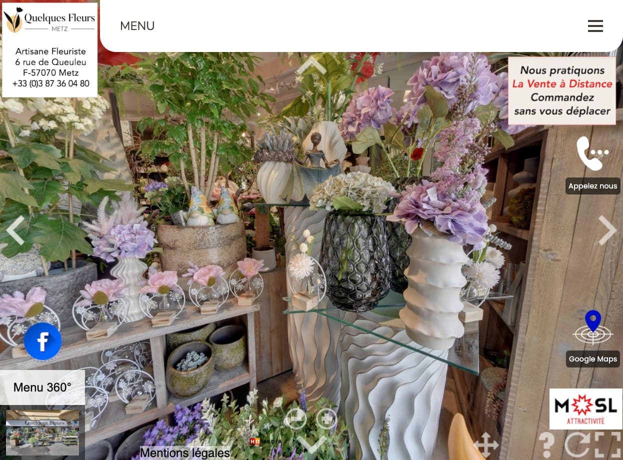 HD Media virtual tour player on a tablet: logo, menu, information points, social links and geolocation around the shop front of Quelques Fleurs in Metz