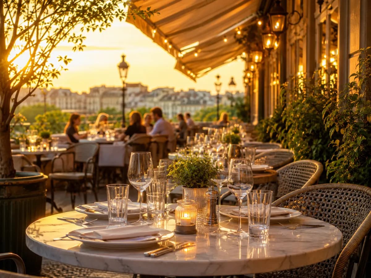 Terrasse de restaurant dressée au coucher du soleil avec vue sur la ville