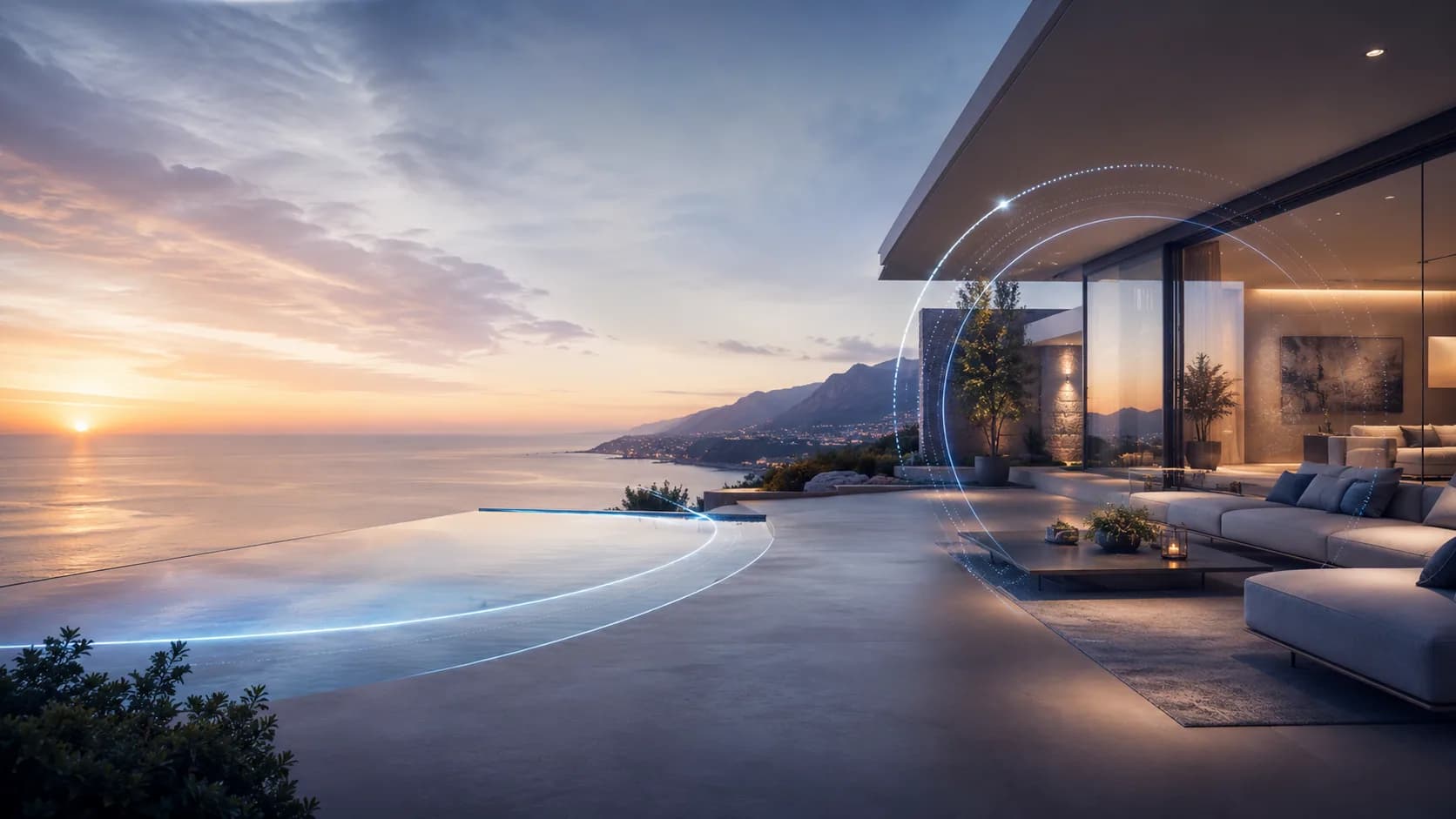 Premium villa exterior photographed by HD Media at sunset