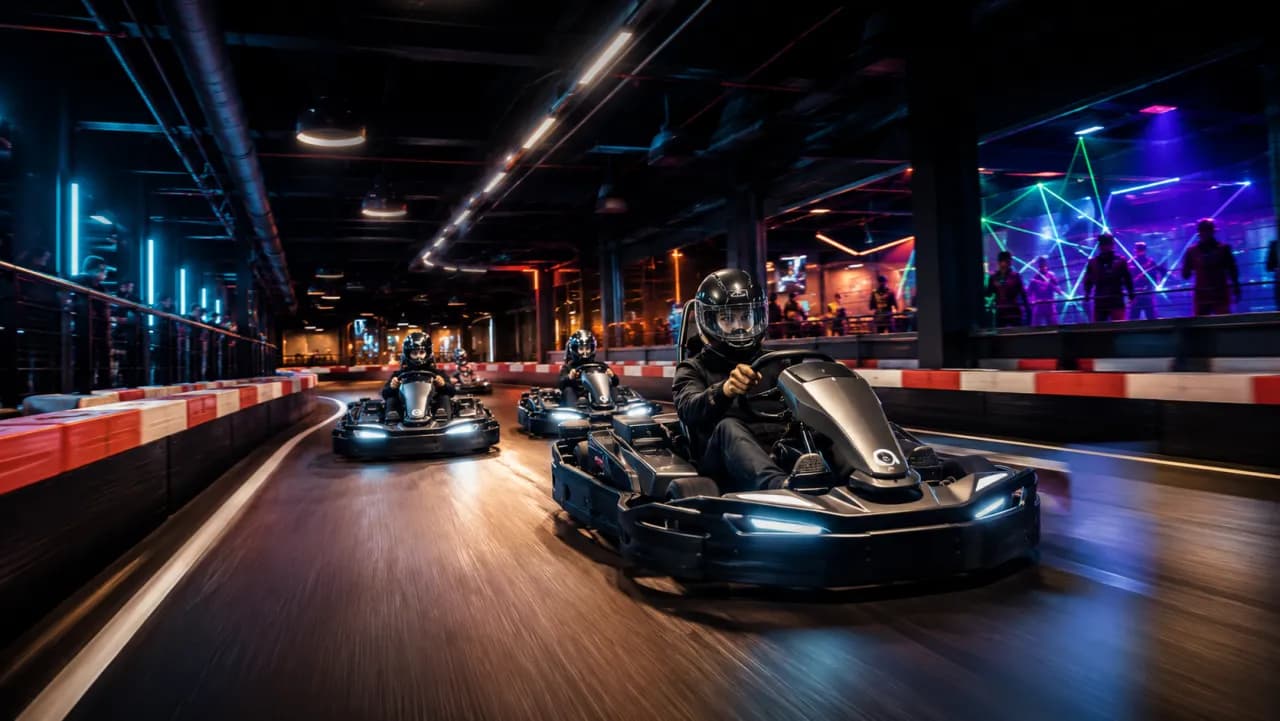 Karting indoor en course présenté en visite virtuelle par HD Media