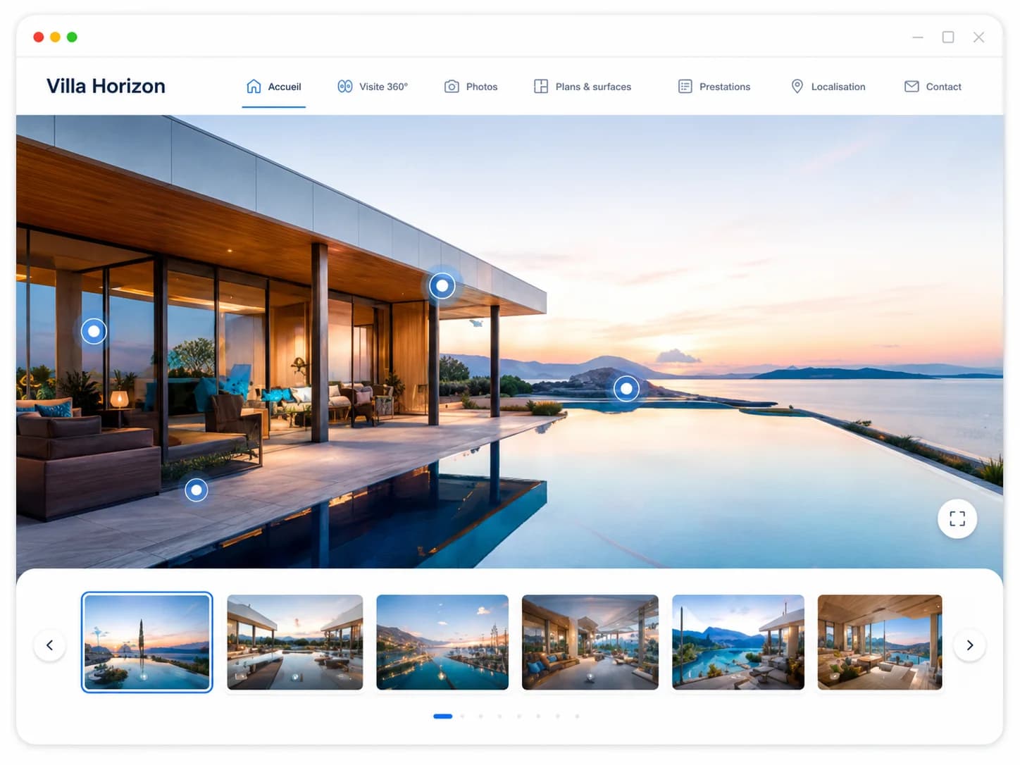 Interface d’application Web 360+ de HD Media avec navigation immersive et miniatures